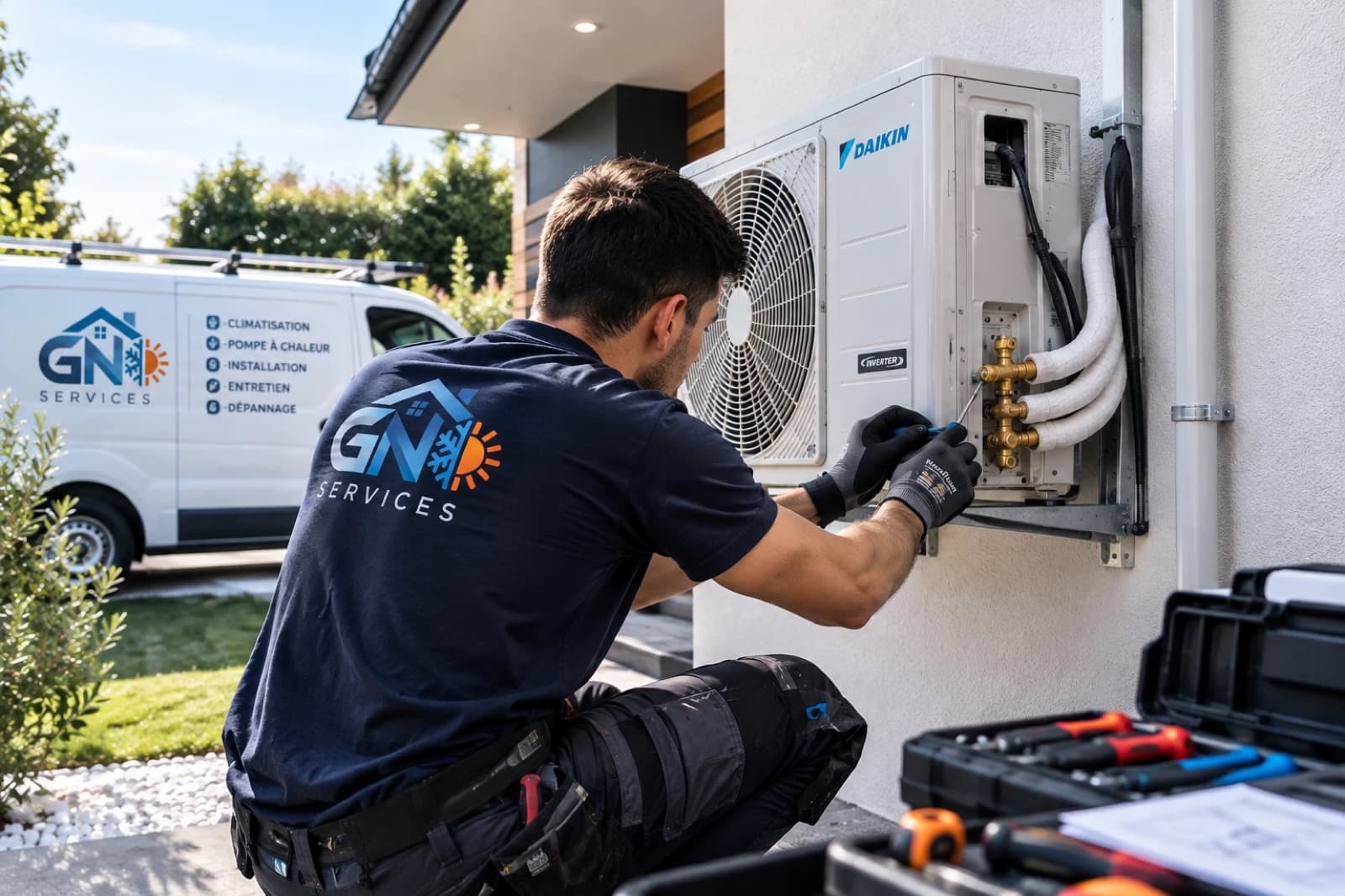 Technicien GN en polo de l’entreprise raccordant le groupe extérieur d’une climatisation, camionnette GN garée devant la maison