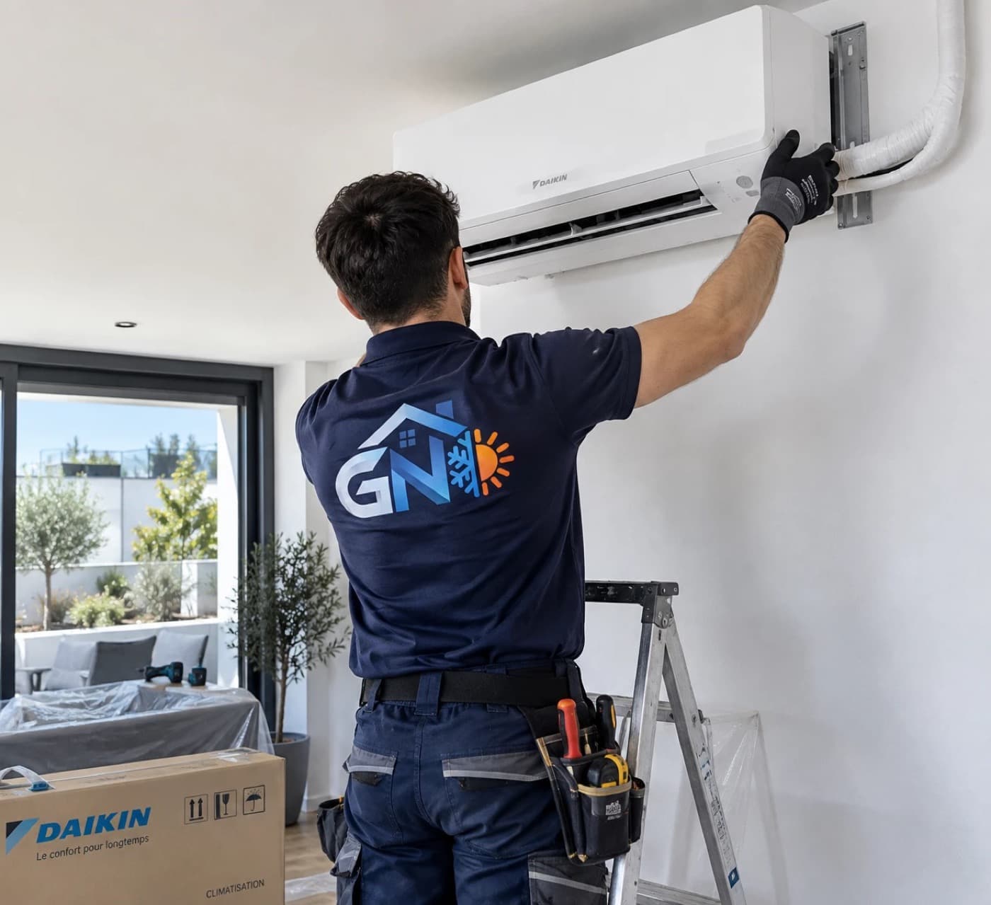 Technicien GN fixant une unité intérieure de climatisation murale dans un séjour